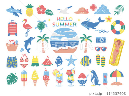 夏・海のイラストセット 南国 旅行 アイコン ビーチ 装飾 夏・海のイラストセット 南国 旅行 アイコン ビーチ 装飾 114337408