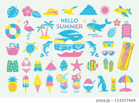  夏・海のイラストセット　南国　旅行　アイコン　ビーチ　装飾 114337409