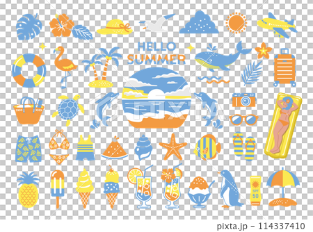 Summer and sea illustration set, tropical travel icon, beach decoration Summer and sea illustration set, tropical travel icon, beach decoration 114337410