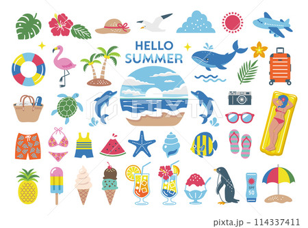  夏・海のイラストセット　南国　旅行　アイコン　ビーチ　装飾 114337411