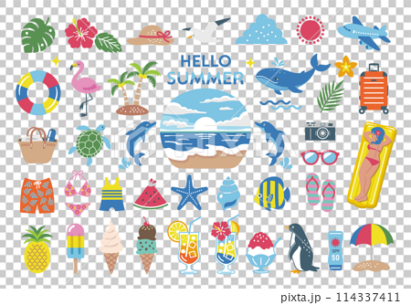  夏・海のイラストセット　南国　旅行　アイコン　ビーチ　装飾 114337411