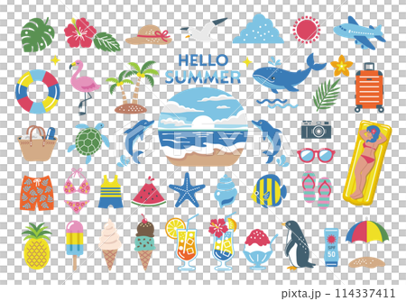 Summer and sea illustration set, tropical travel icon, beach decoration 114337411
