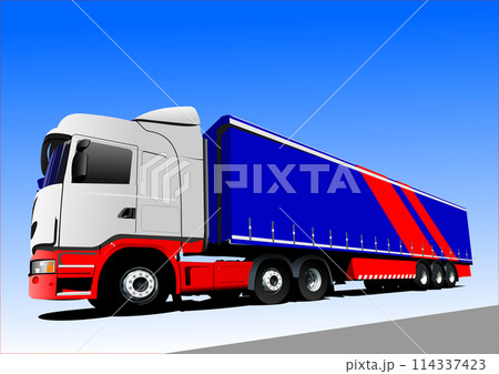 Blue-red truck on the road. Vector 3d illustration Blue-red truck on the road. Vector 3d illustration 114337423