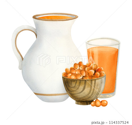 Watercolor sea buckthorn juice in white ceramic jug and glass with Hippophae berries in wooden bowl watercolor illustration isolated on white. Hand drawn healthy farm drink for rustic diet food Watercolor sea buckthorn juice in white ceramic jug and glass with Hippophae berries in wooden bowl watercolor illustration isolated on white. Hand drawn healthy farm drink for rustic diet food 114337524