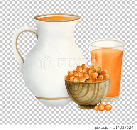 Watercolor sea buckthorn juice in white ceramic jug and glass with Hippophae berries in wooden bowl watercolor illustration isolated on white. Hand drawn healthy farm drink for rustic diet food 114337524