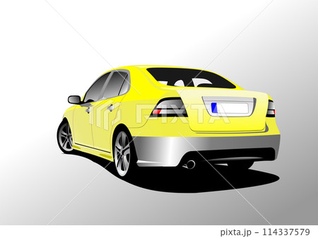 Yellow car sedan on the road. Vector 3d illustration 114337579