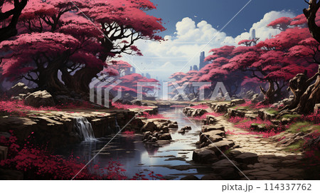 都会のビル群の前に広がる桃源郷：桃・梅・桜の花が咲き乱れる里