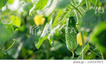 Close-up of a cucumber hanging on a vine in a greenhouse. 114337871