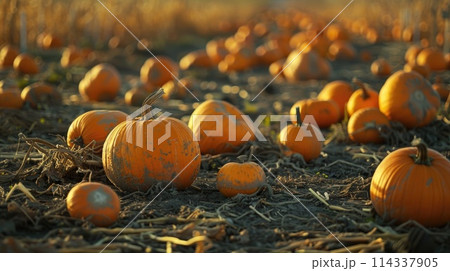 Abundant orange pumpkins in a field during harvest season. Aerial view of a pumpkin patch. 114337905
