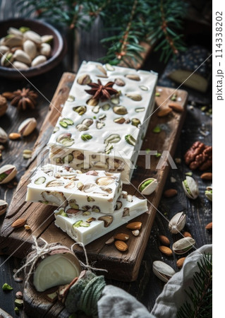 White chocolate bark with almonds and pistachios on dark background. 114338202