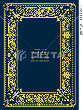Gold ornament on dark background. Can be used as invitation card. Book cover. Vector illustration 114338357