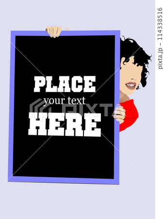 Girl with sale n board. Vector 3d illustration 114338516