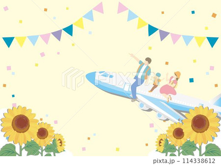 旅行　夏　フレーム　人物　家族　ひまわり　背景　コピースペース　イラスト素材 114338612