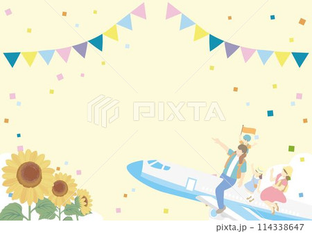 旅行　夏　フレーム　人物　家族　ひまわり　背景　コピースペース　イラスト素材 114338647
