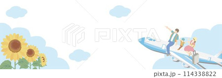 バナー　旅行　夏　フレーム　人物　家族　飛行機　向日葵　背景　コピースペース　イラスト素材 114338822