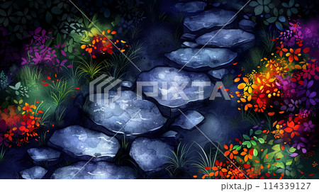色鮮やかな花が咲く夜の日本庭園の小道