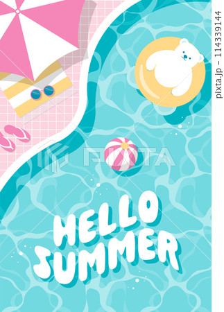 夏のリゾートのプールで遊ぶシロクマの背景イラスト 114339144