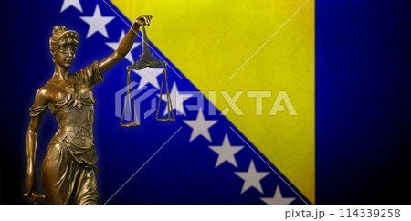 Lady Justice against a flag of Bosnia and Herzegovina Lady Justice against a flag of Bosnia and Herzegovina 114339258
