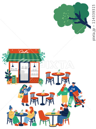 カフェの外観とカフェテラスで楽しむ人々のイラスト 114339315
