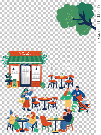 カフェの外観とカフェテラスで楽しむ人々のイラスト 114339315