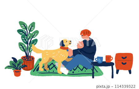 犬と遊ぶ男性のおしゃれでシンプルなイラスト 114339322