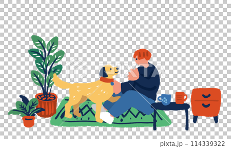 犬と遊ぶ男性のおしゃれでシンプルなイラスト 114339322