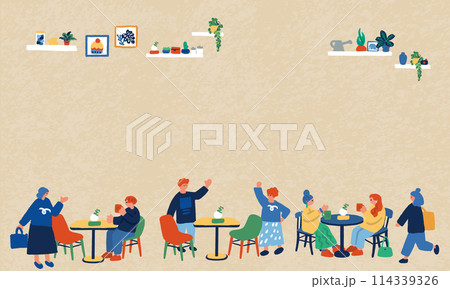 カフェの店内でリラックスする人々のイラスト 114339326