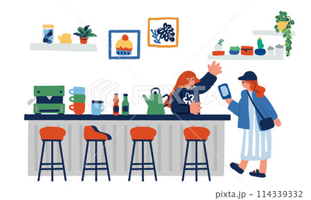 カフェでスマホを見せる女性のイラスト カフェでスマホを見せる女性のイラスト 114339332