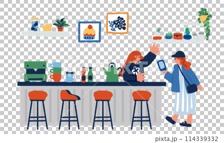 Illustration of a woman showing her smartphone in a cafe 114339332