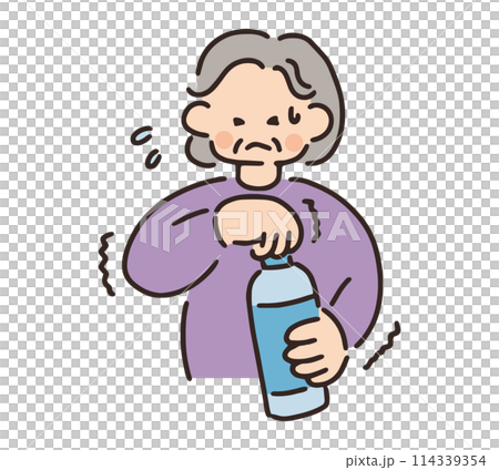 ペットボトルの蓋を開けられないシニア女性のイラスト 114339354