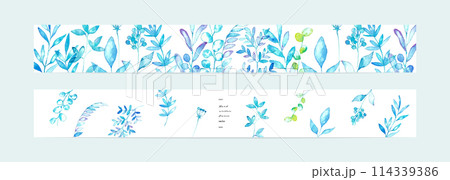水彩画。水彩タッチの草木ベクターイラスト。ウエディングイメージの夏の草木フレームテンプレート。 水彩画。水彩タッチの草木ベクターイラスト。ウエディングイメージの夏の草木フレームテンプレート。 114339386