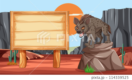 Hyena on Rock Beside Wooden Sign 114339525