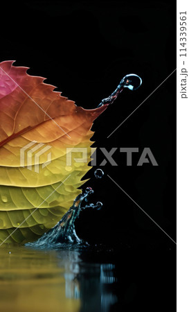 Colorful autumn leaf with water splash on black background. Fall concept 114339561