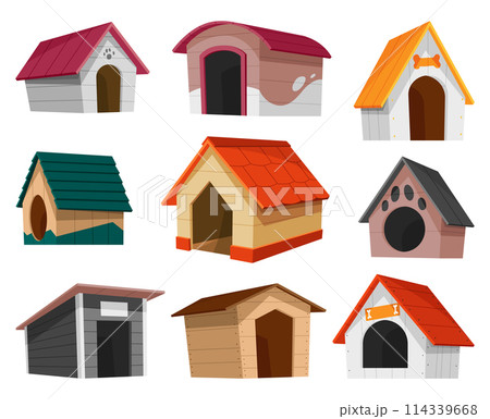 Dog house icon set. Cartoon pet accessory. Petshop supermarket item. Empty pet home with roof. House for domestic animal. Isolated flat vector illustration 114339668