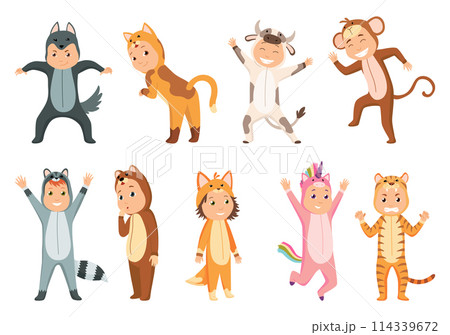 Children animal costumes. Colorful set of different animal wearing suits for party wolf and cat, cow and raccoon, monkey and bear, fox and rhinoceros, tiger. Isolated flat vector design 114339672