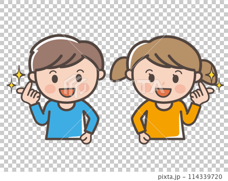 キュンですポーズをする男の子と女の子の上半身イラスト（小学生、幼児、子供） 114339720