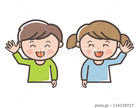笑顔で挨拶をする男の子と女の子の上半身イラスト（小学生、幼児、子供） 114339727