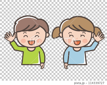 男孩和女孩微笑著打招呼的上半身插圖（小學生、幼兒、兒童） 114339727