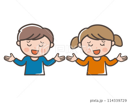やれやれと呆れる男の子と女の子の上半身イラスト（小学生、幼児、子供） 114339729