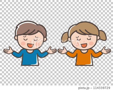 やれやれと呆れる男の子と女の子の上半身イラスト（小学生、幼児、子供） 114339729