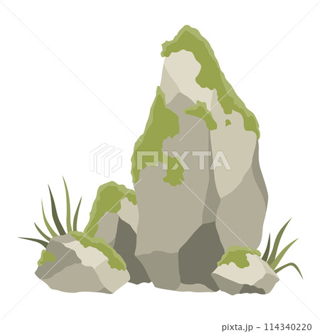 Rock stone formations. Small boulder mountain with grass and moss, big icon with rocky texture, heavy piles. Cobblestones of various shapes, hard rock rubbles. Vector cartoon background Rock stone formations. Small boulder mountain with grass and moss, big icon with rocky texture, heavy piles. Cobblestones of various shapes, hard rock rubbles. Vector cartoon background 114340220