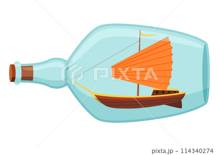 Ships in bottle. Glass with object inside. Miniature model of marine vessel. Hobby craft work and sea theme. Decorative marine souvenir, sailing craft 114340274