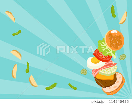 飛び跳ねるベーコンエッグバーガーと集中線の背景 114340436