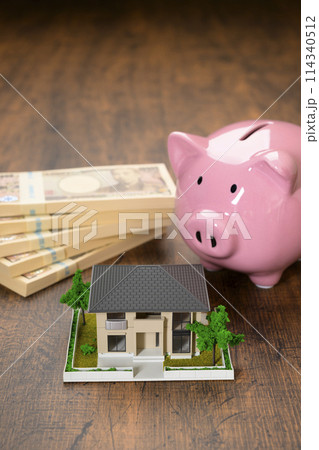 家のミニチュアとブタの貯金箱 家のミニチュアとブタの貯金箱 114340512