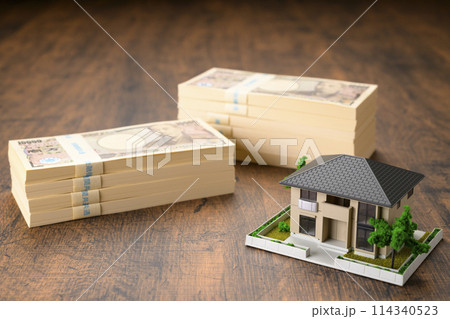家のミニチュアと札束 家のミニチュアと札束 114340523