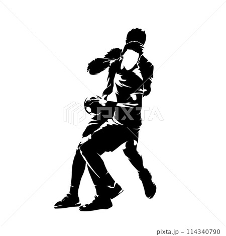 Handball, two players, isolated vector silhouette. Team sport athletes 114340790