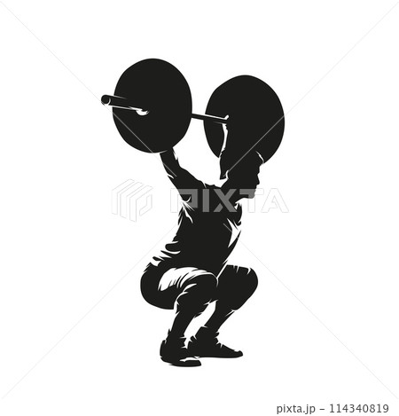 Weightlifting, man in gym, workout. Isolated vector silhouette Weightlifting, man in gym, workout. Isolated vector silhouette 114340819