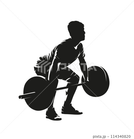 Weightlifting, man in gym, workout. Isolated vector silhouette 114340820