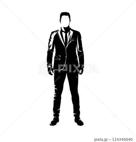 Businessman in suit standing, front view, isolated vector silhouette. Business person Businessman in suit standing, front view, isolated vector silhouette. Business person 114340840