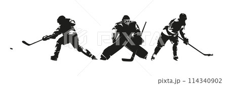 Ice hockey players, group of vector silhouettes. Hockey goalie, hockey player. Set of winter sport Ice hockey players, group of vector silhouettes. Hockey goalie, hockey player. Set of winter sport 114340902